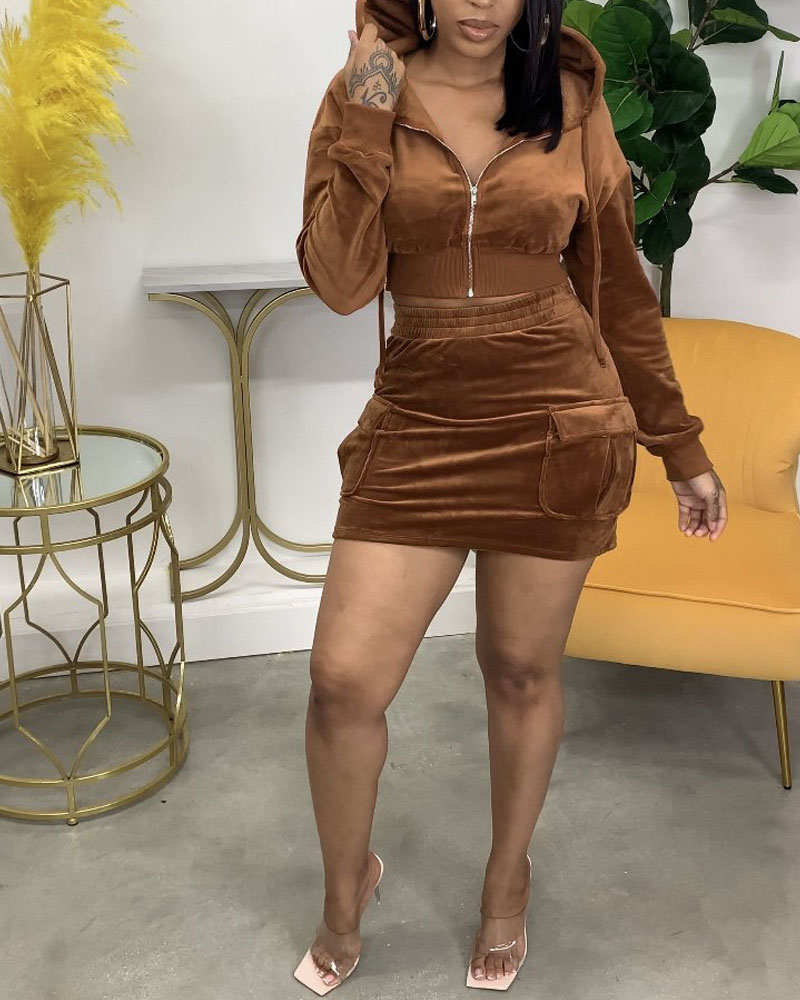 

Velvet Zip Up Crop Hooded Top & Skirt Set, Coffee