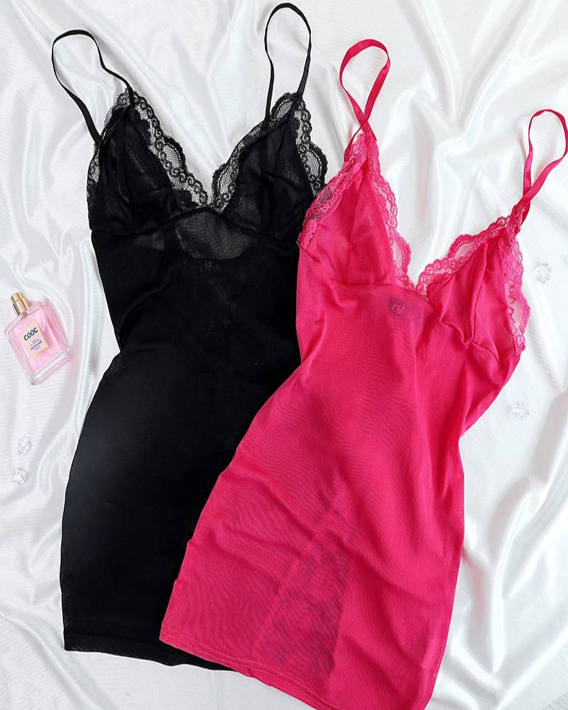 

Floral Pattern Lace Sheer Mesh Bowknot Babydoll, Hot pink