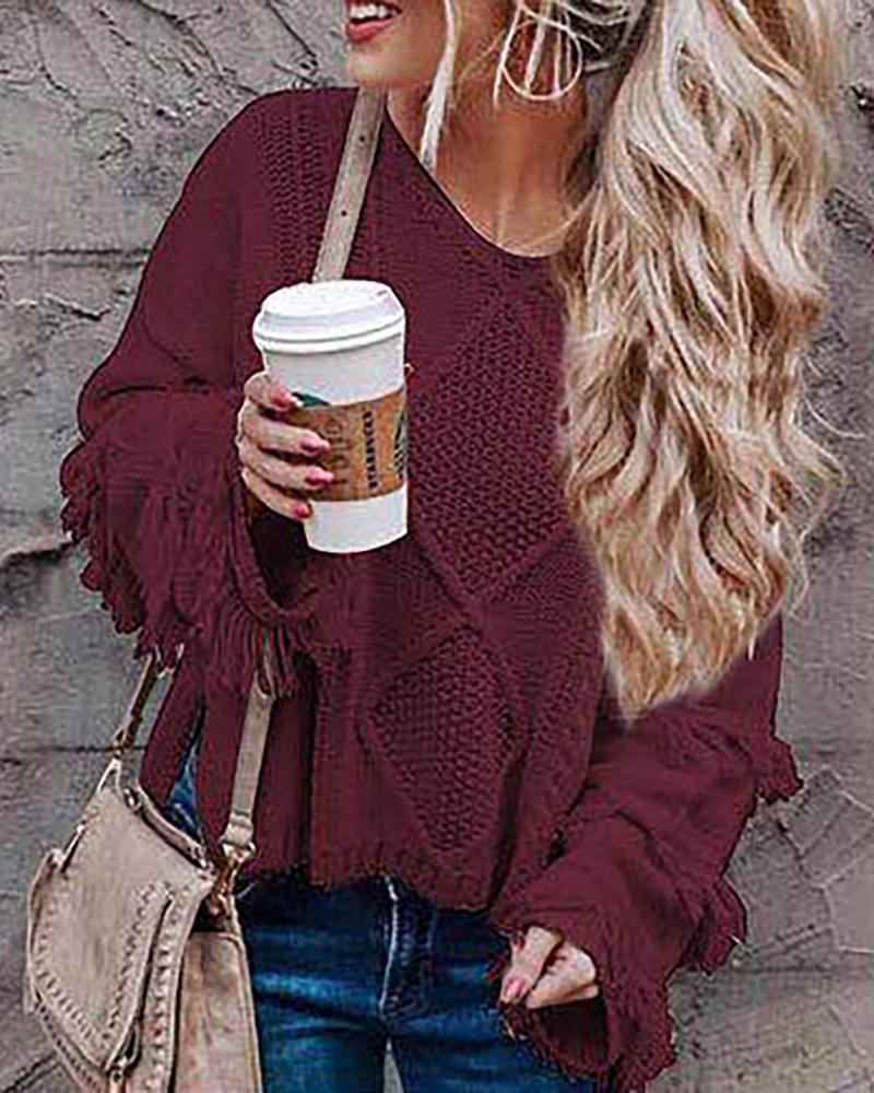 

Plain Tassel Design Long Sleeve Knit Sweater, Red