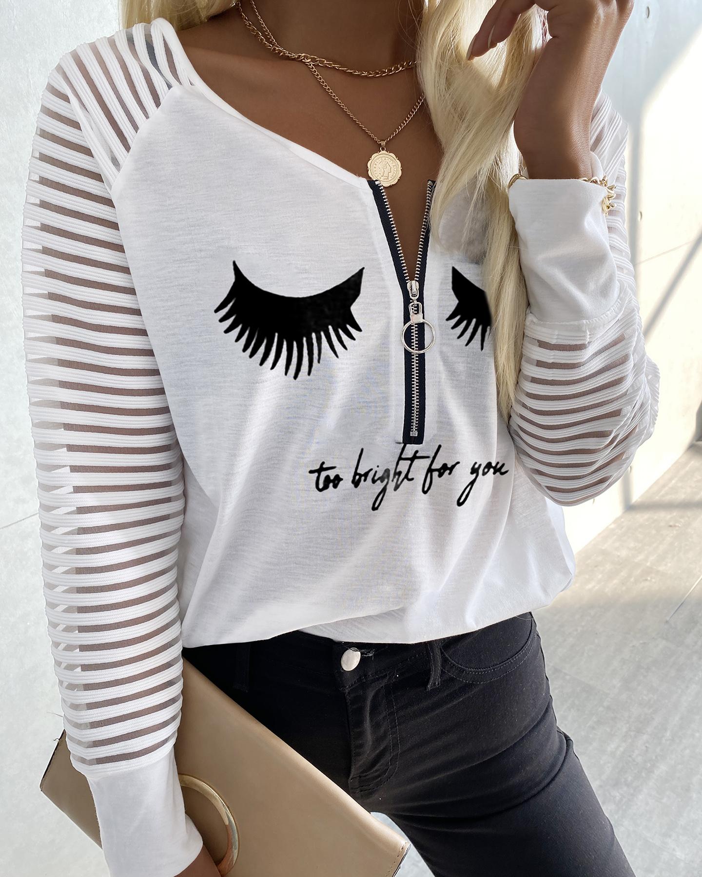 

Eyelash Print Zipper Front V-Neck Top, White