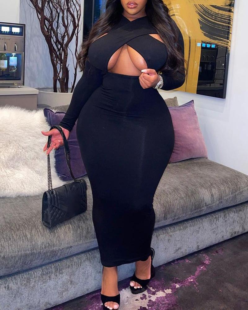 

Plus Size Cross Front Long Sleeve Maxi Dress, Black