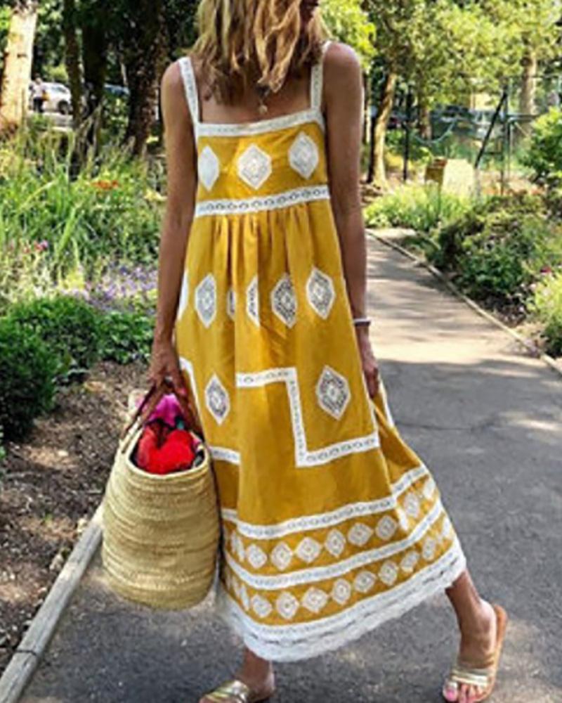 

Geometry Print Colorblock Square Neck Maxi Dress, Yellow