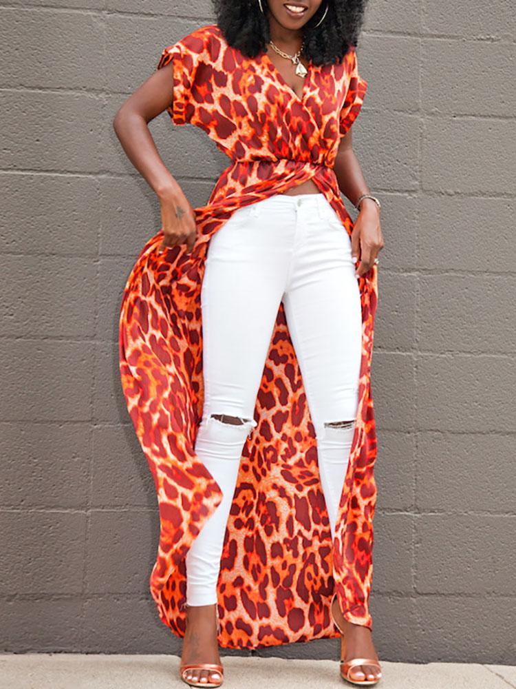 

Fashion Leopard High Slit Beachwear Wrap Maxi Dress, Red