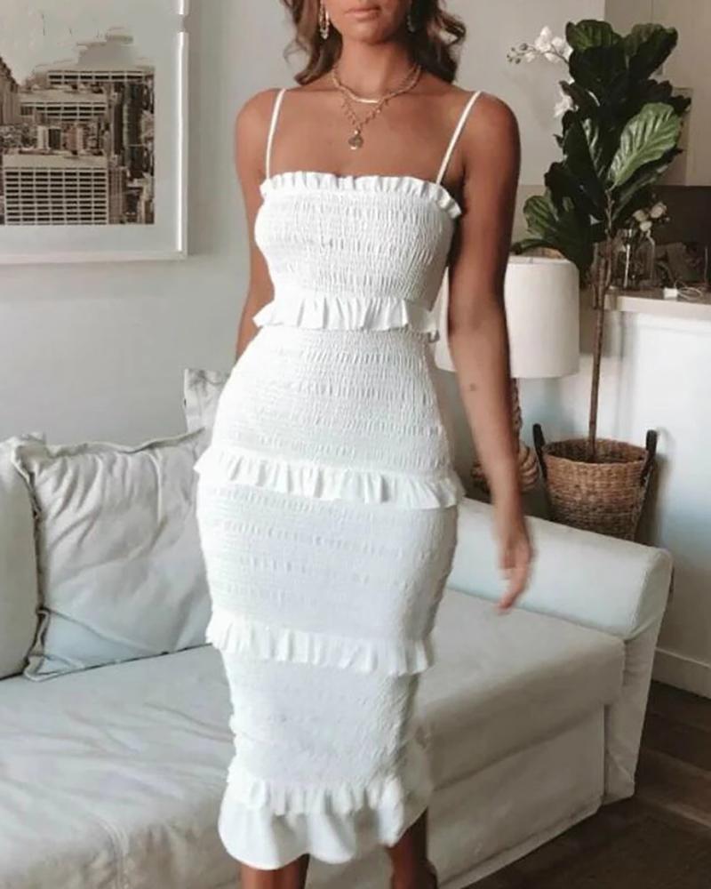 

Spaghetti Strap Shirred Frill Hem Dress, White