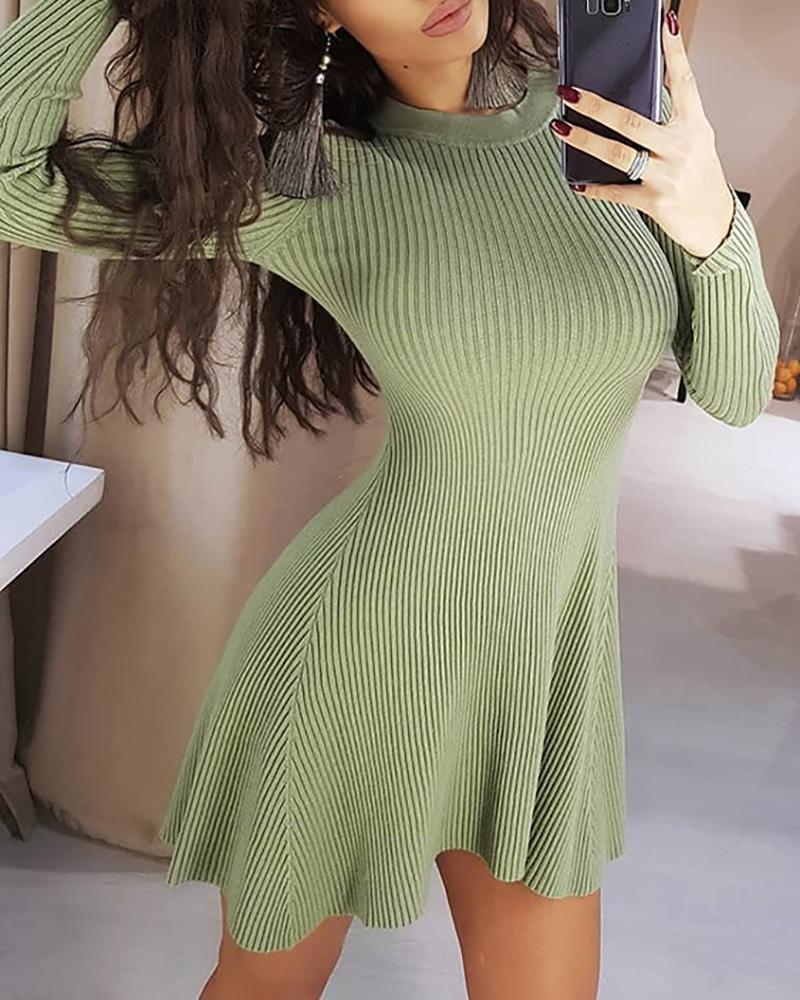 

Knit Long Sleeve O Neck Casual Dress, Green