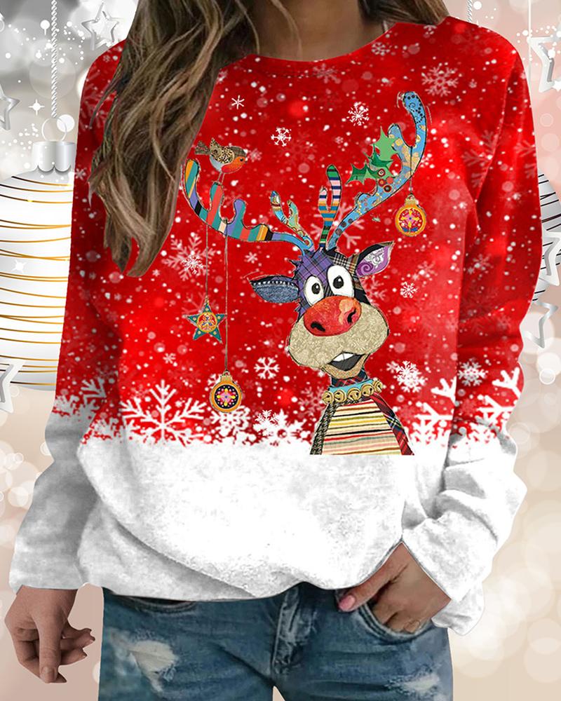 

Christmas Graphic Elk Print Long Sleeve Sweatshirt, Red