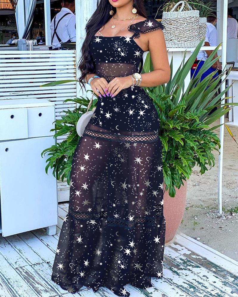 

Star Print Glitter See Through Mesh Lace Contrast Dress, Black