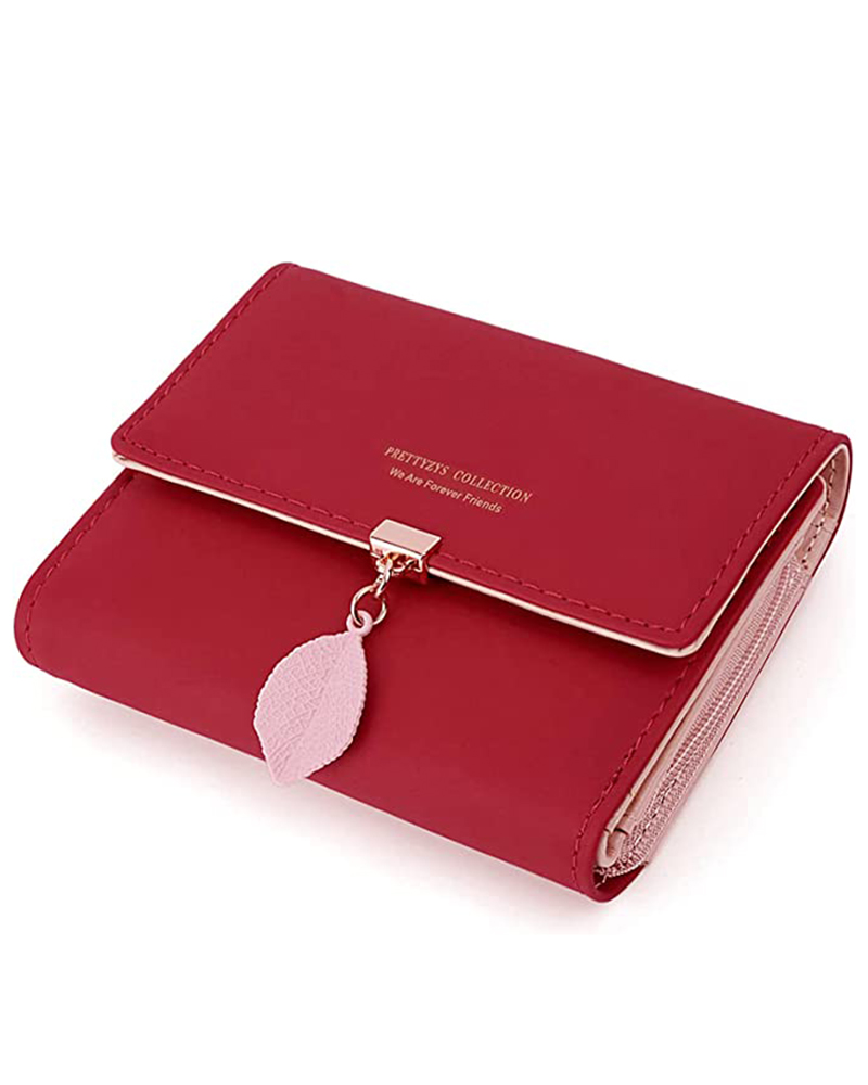 

Women's Purse Leaf Pendant PU Leather Card Holder Coin Wallet, Wine red