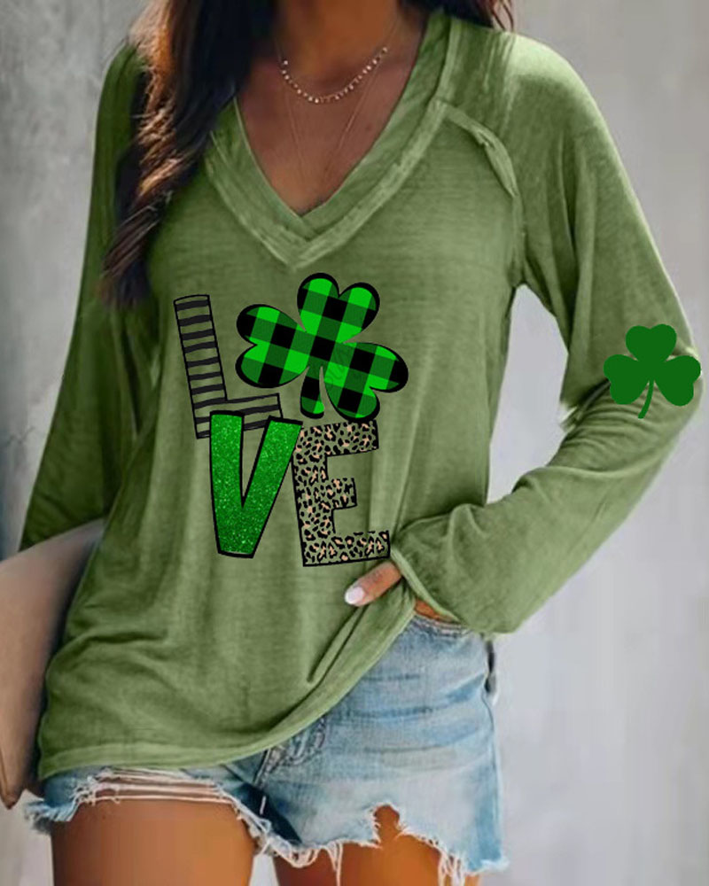 

St. Patrick' Day Clover Letter Print Long Sleeve Top, Green