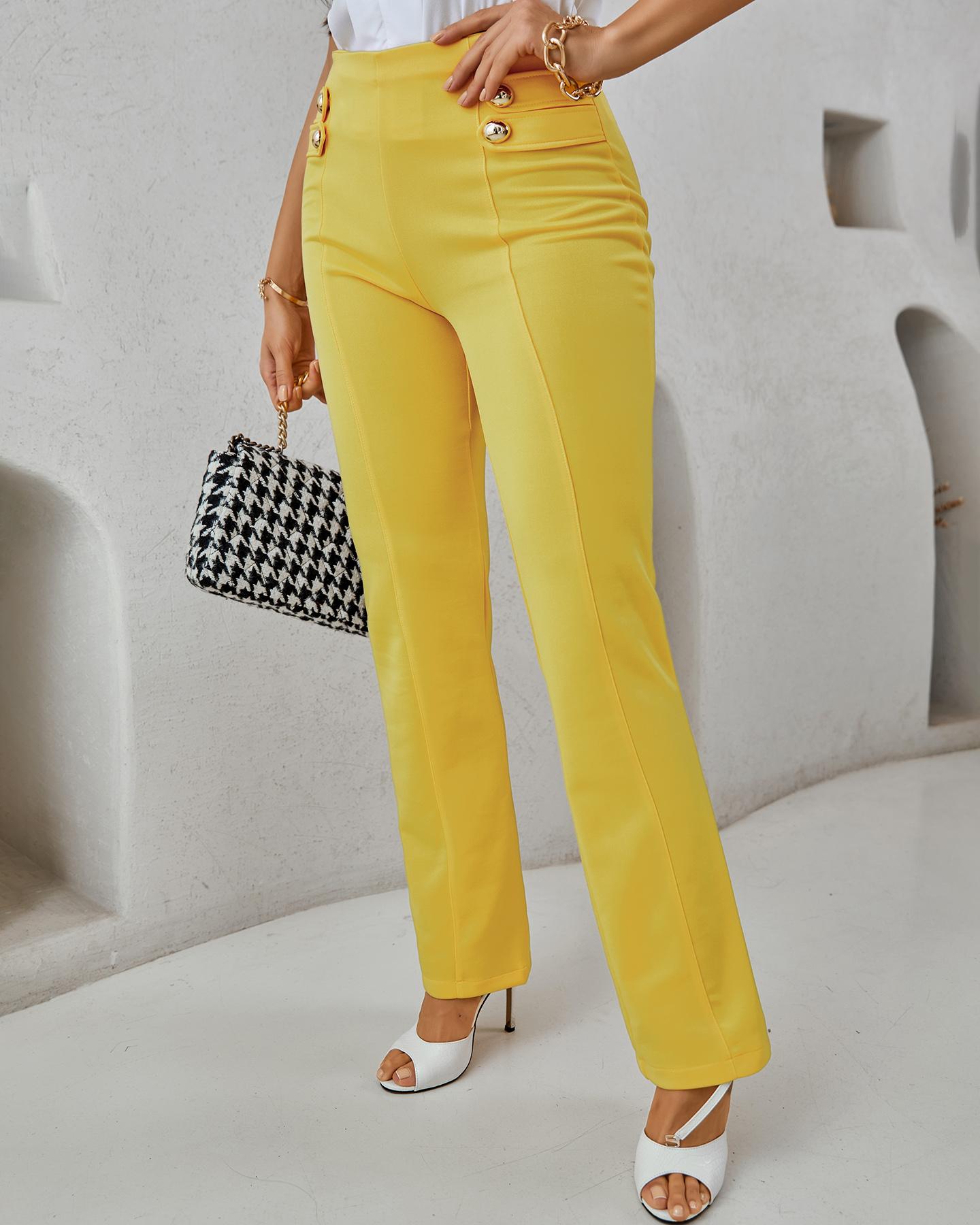 

Buttoned High Waist Wide Leg Tailored Pants, Yellow