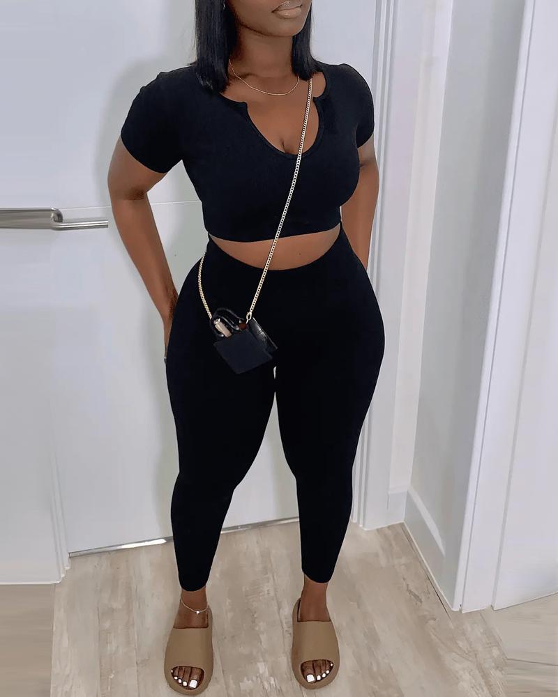 

Notch Neck Short Sleeve Top & Pants Set, Black
