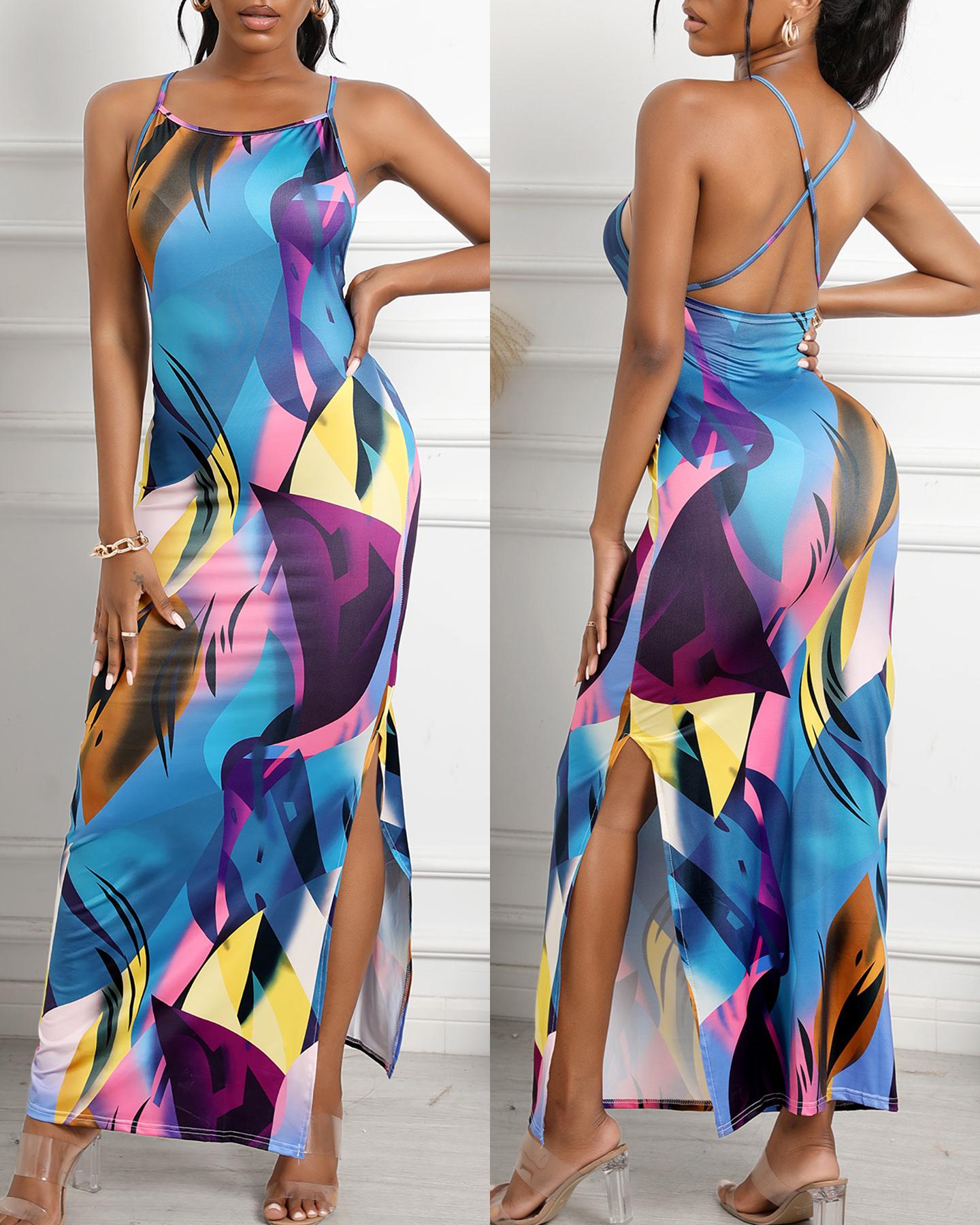 

Abstract Print Crisscross Backless Slit Maxi Dress, Purple