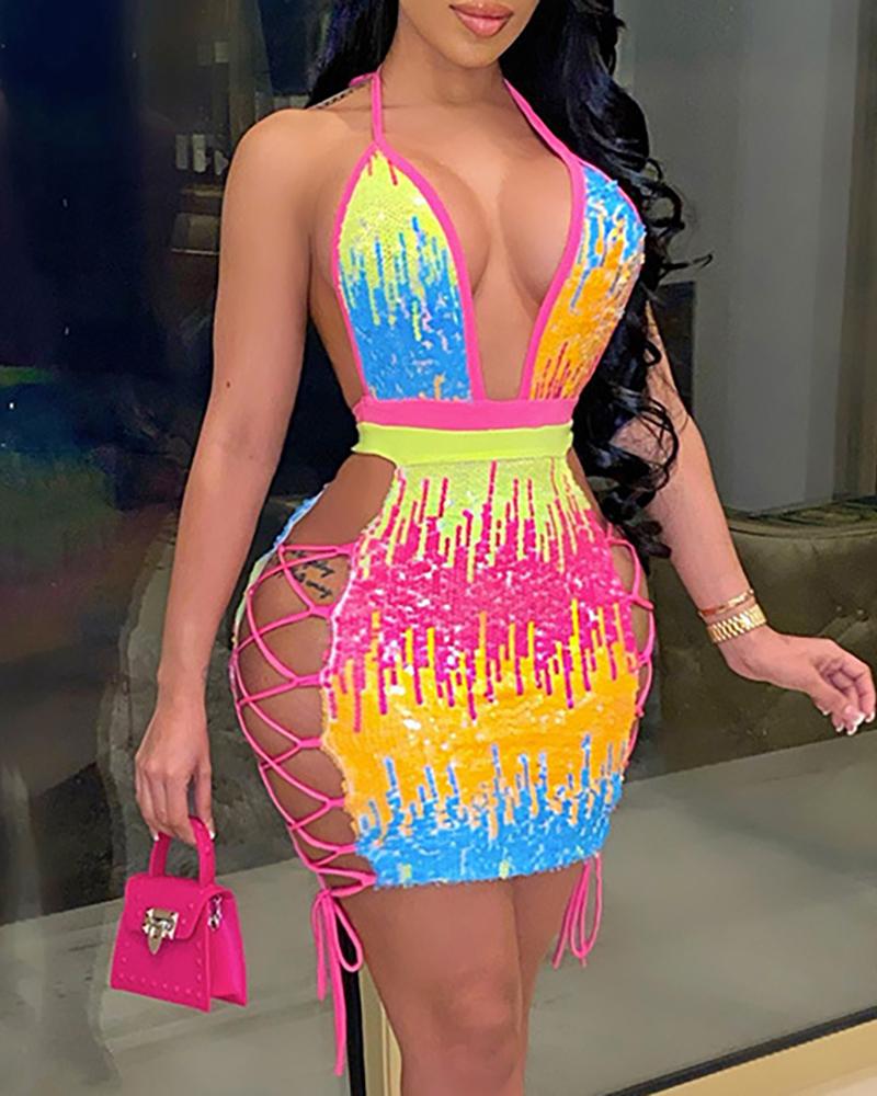

Halter Backless Sequins Lace-up Bodycon Dress, Multicolor