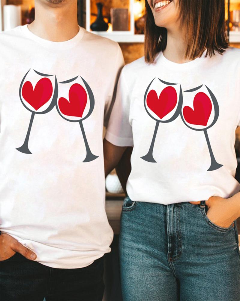 

Valentine' Day Short Sleeve Heart Wine Glasses Print Top, White