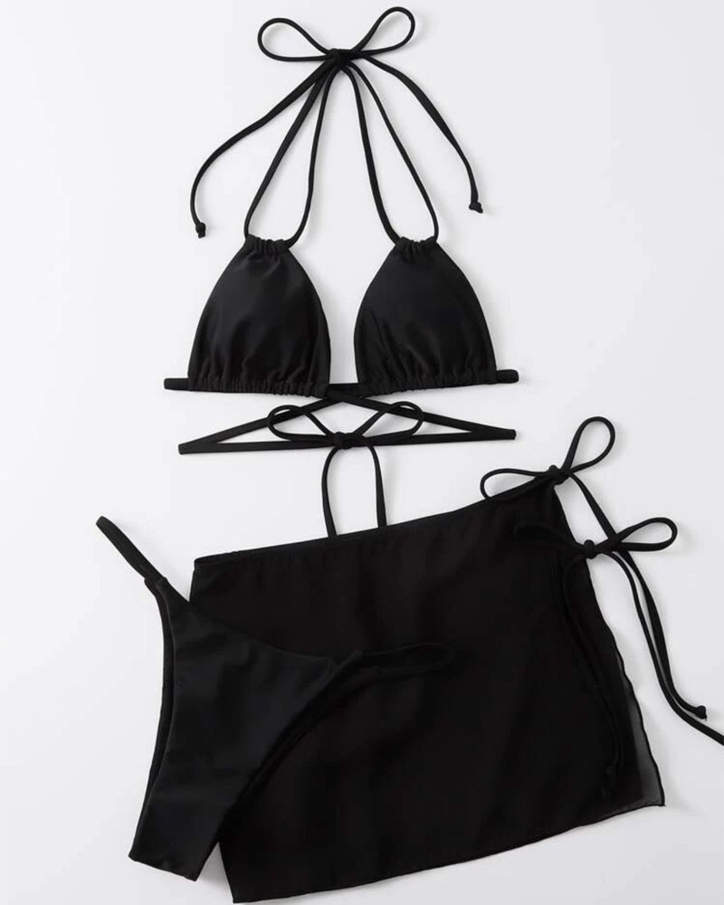 

3PCS Criss Cross Tied Detail Bikini Set With Cover Up, Black