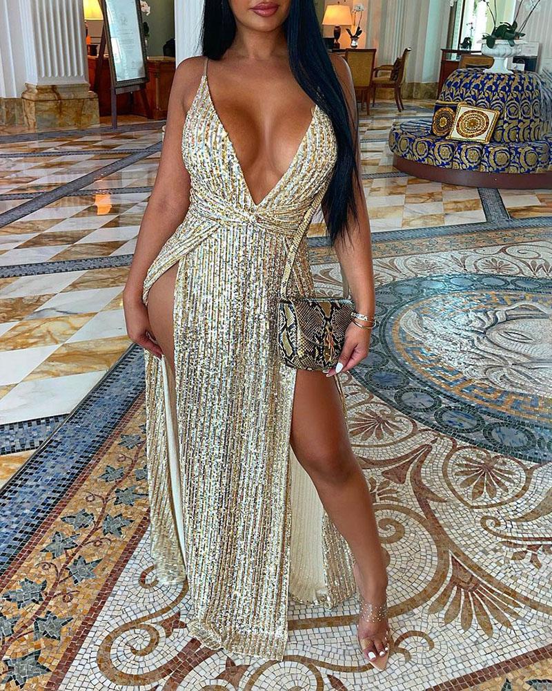 

Plunge Allover Sequins High Slit Evening Dress, Gold