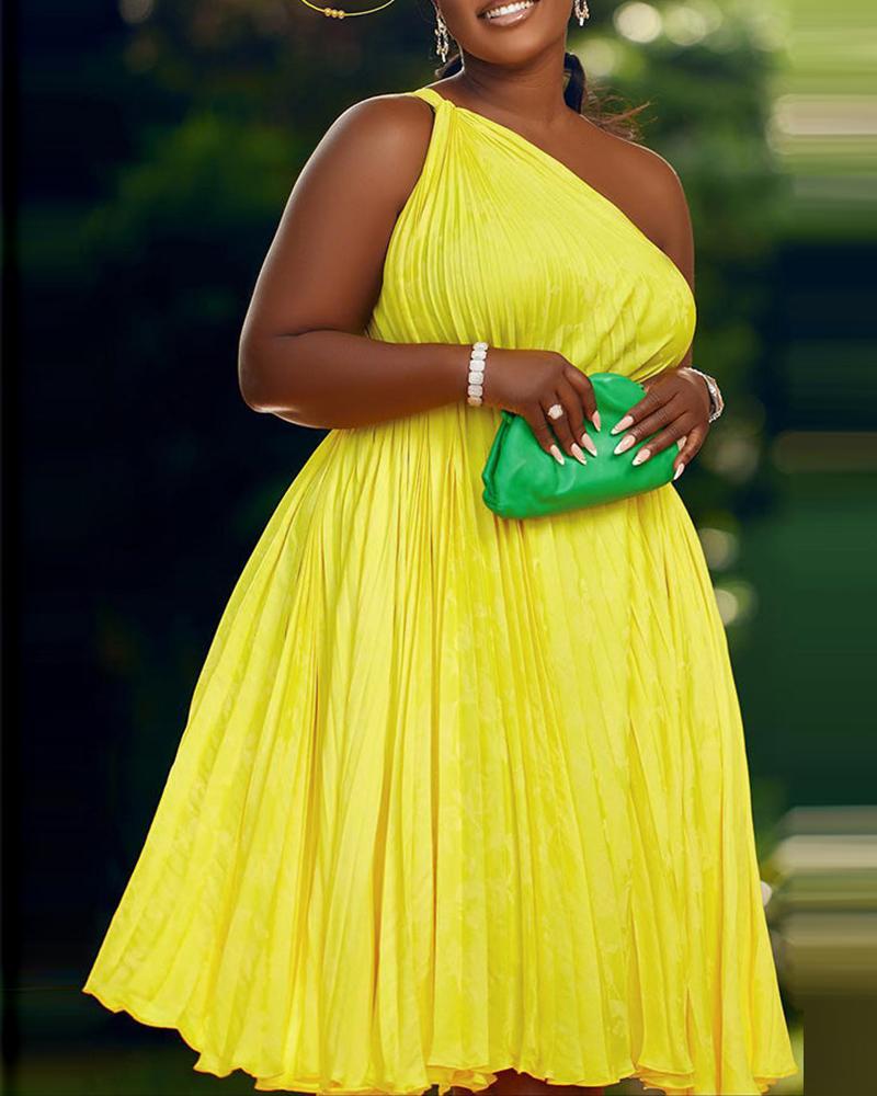 

One Shoulder Pleated Party Dress, Yellow