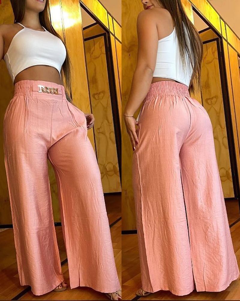 

Chain Decor High Waist Wide Leg Pants, Pink