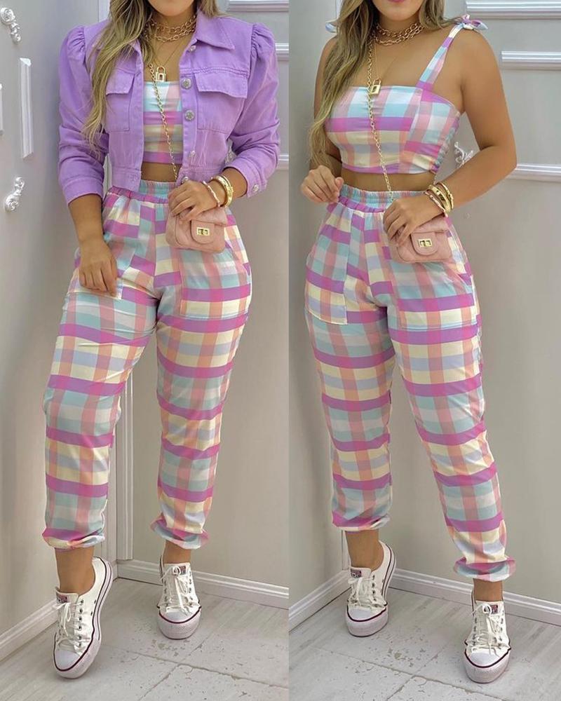 

Plaid Colorblock Crop Top & Pocket Design Pants Set, Purple