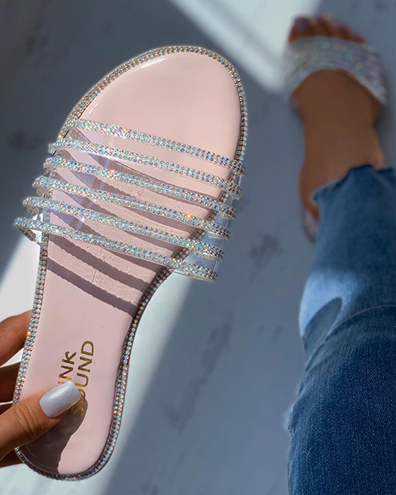 

Studded Open Toe Flat Sandals, Beige