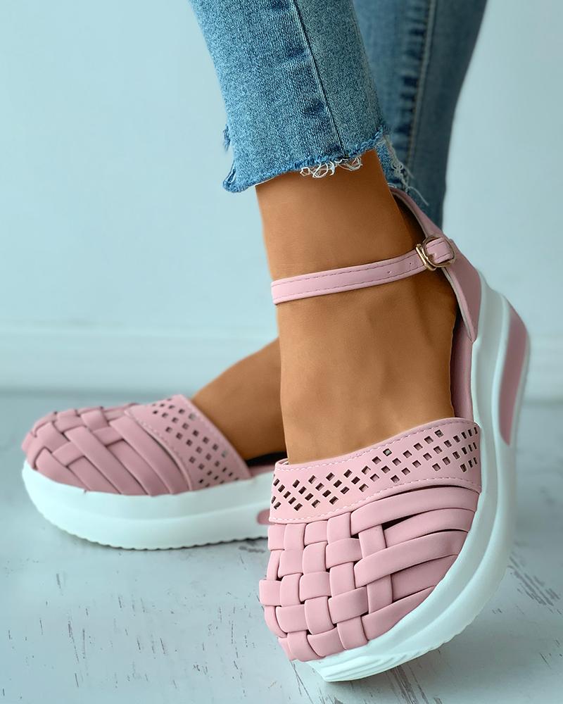 

Braided Hollow Out Ankle Strap Flatform Shoes, Pink