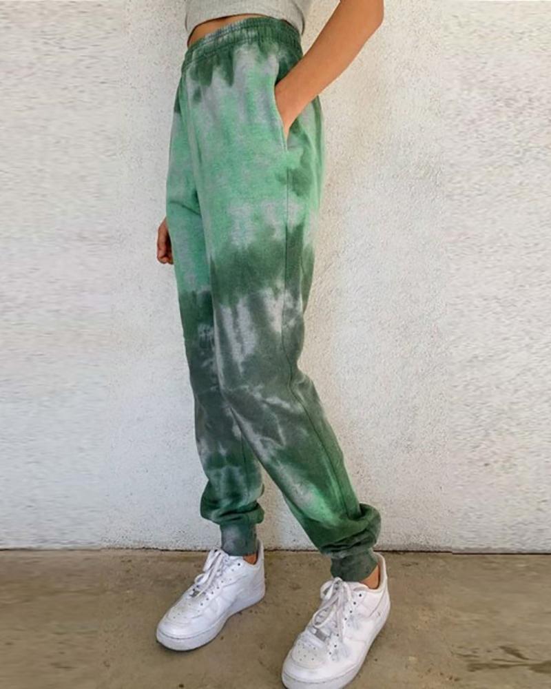 

Tie Dye Print Pocket Design Cuffed Grey Sweatpants, Green