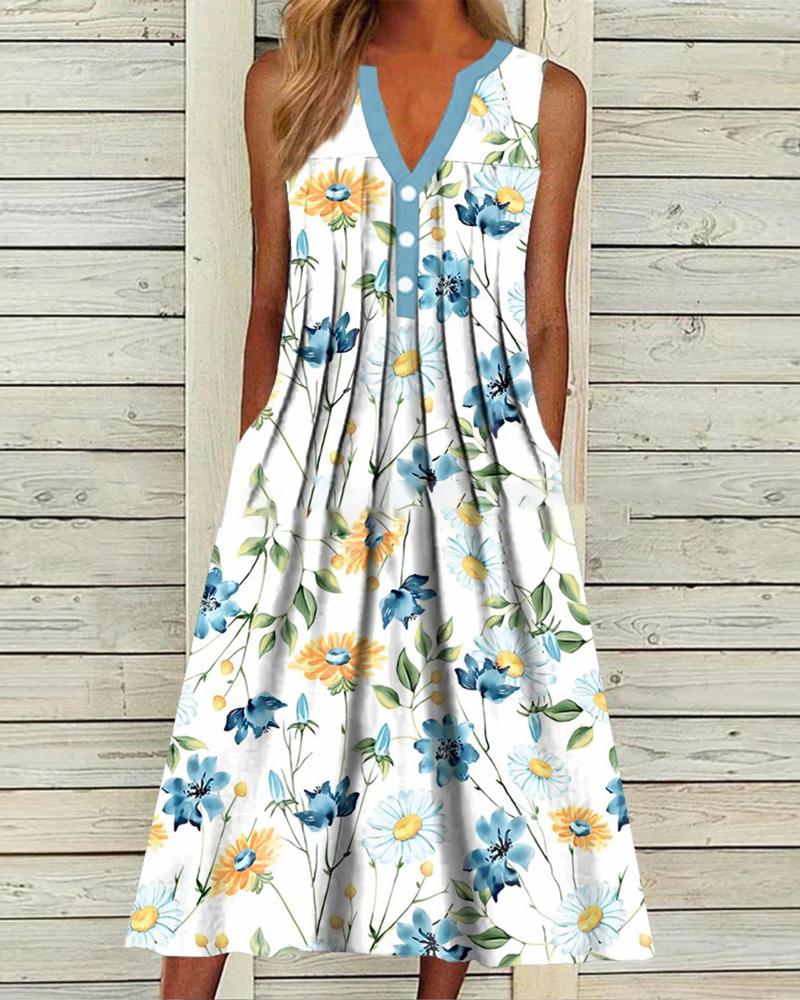 

Floral Print Pleated Design Sleeveless Casual Dress, White