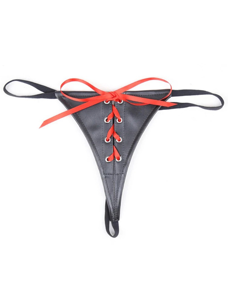 

Eyelet Lace-Up PU Leather Thong, Black