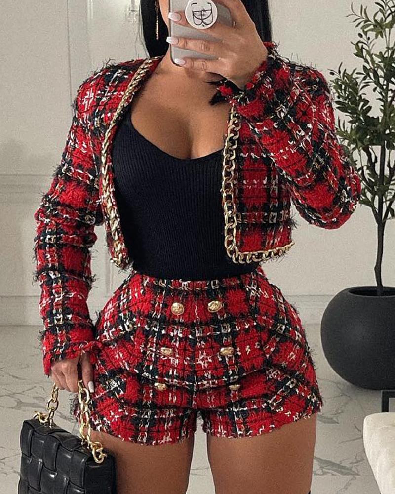 

Plaid Pattern Chain Design Coat & Buttoned Shorts Set, Red