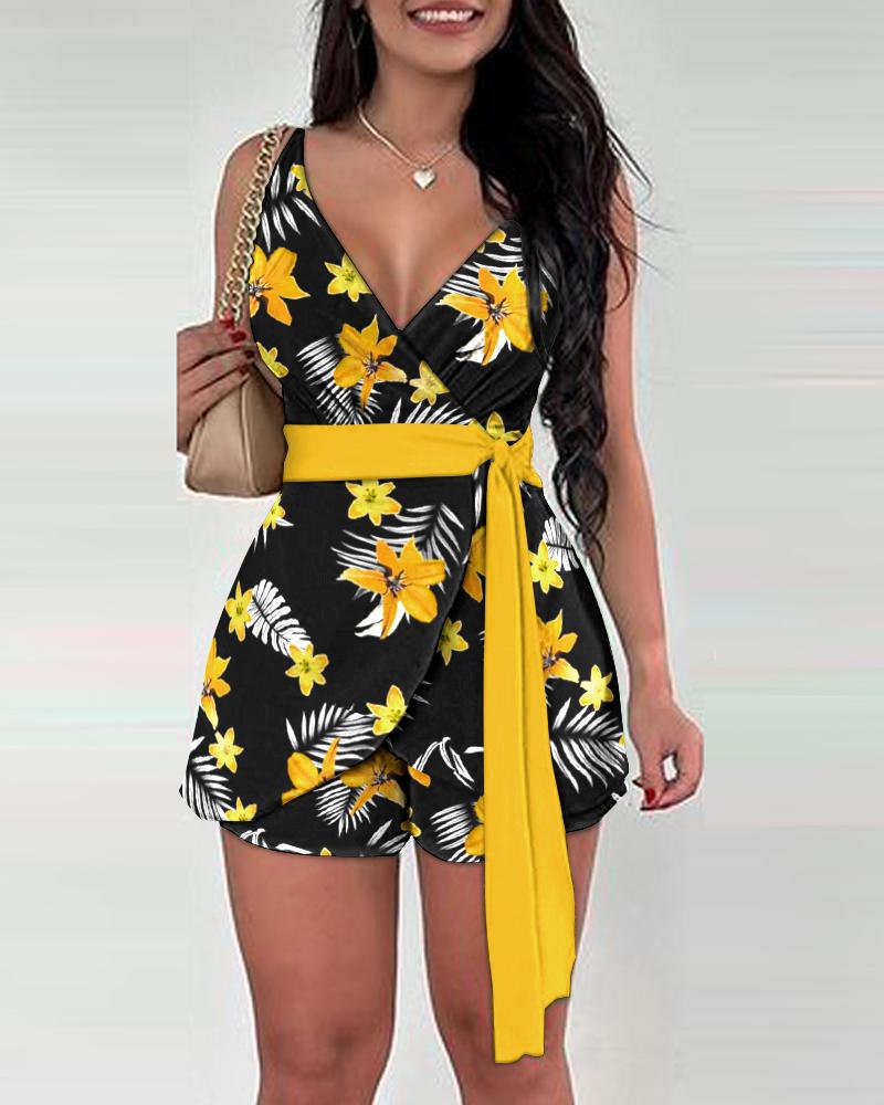 

Tropical Print Tied Detail Spaghetti Strap Romper, Yellow