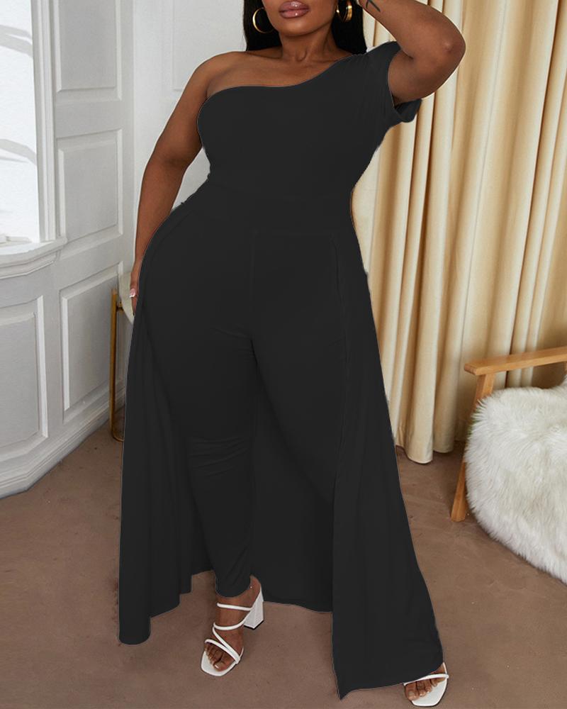 

Plus Size One Shoulder Patchwork Overlay Jumpsuit, Black