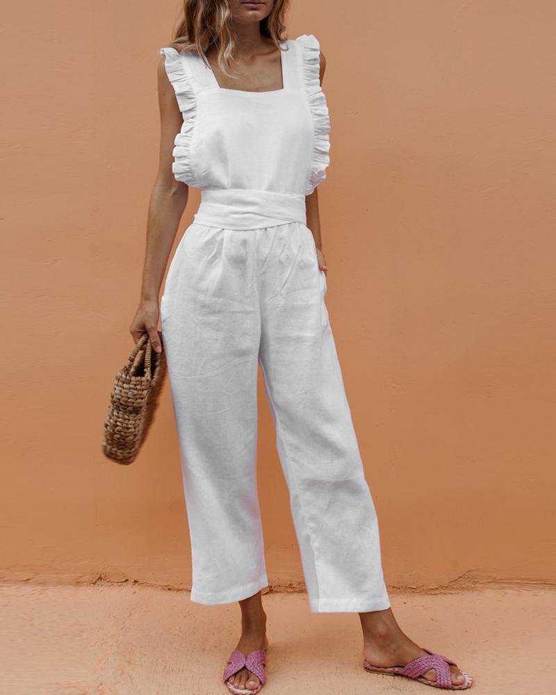 

Frill Hem Pocket Design Sleeveless Jumpsuit, White