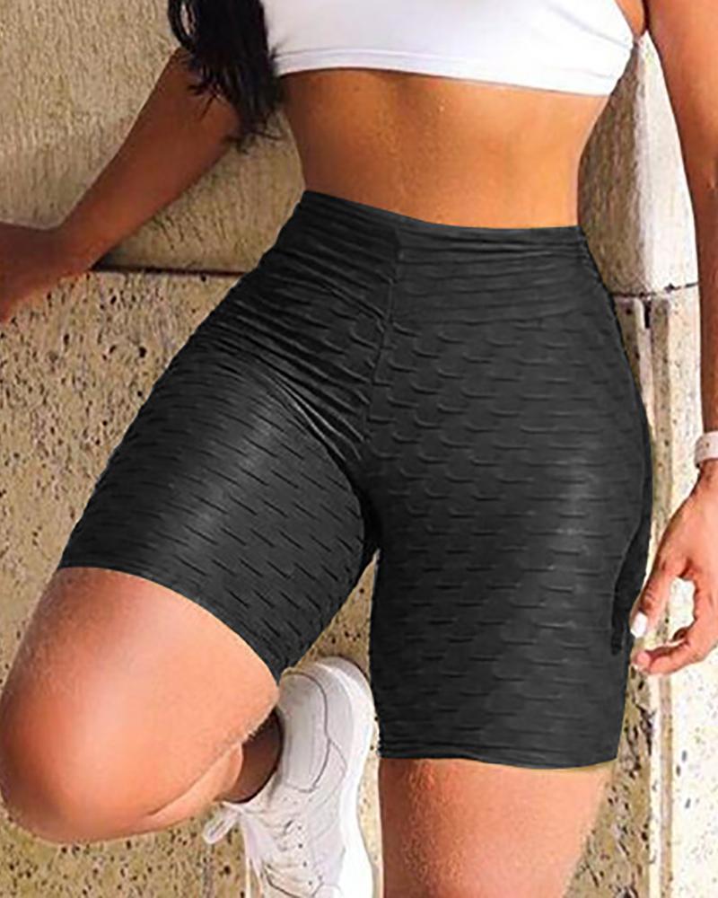

Bubble Textured High Waisted Butt Lifting Tummy Control Yoga Shorts, Black