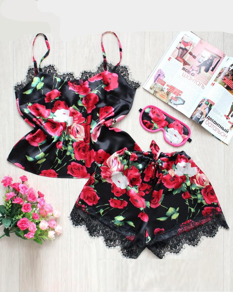 

Floral Print Splicing Eyelash Lace Sling Silk Pajamas Sets, Red