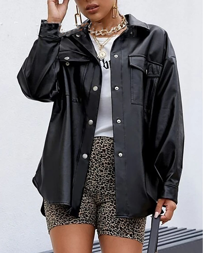

Pocket Button Design Long Sleeve Biker Jacket, Black