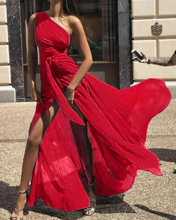 

One Shoulder Tie Waist High Slit Maxi Dress, Red