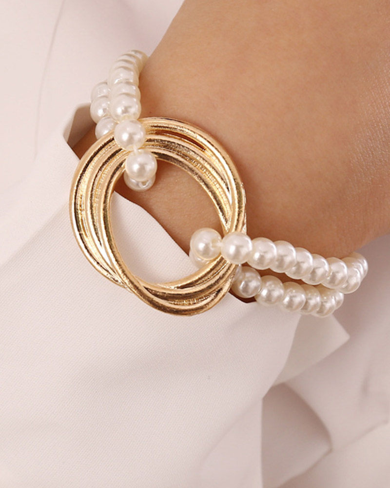 

1pc Metal Decor Pearls Bracelet, Gold