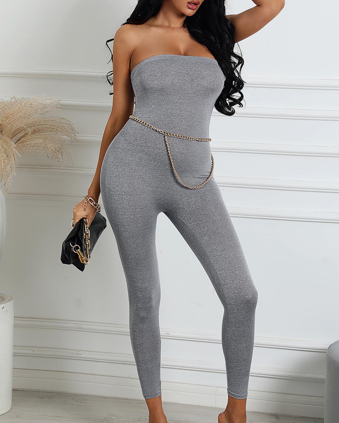 

Plain Off Shoulder Sleeveless Jumpsuit, Gray