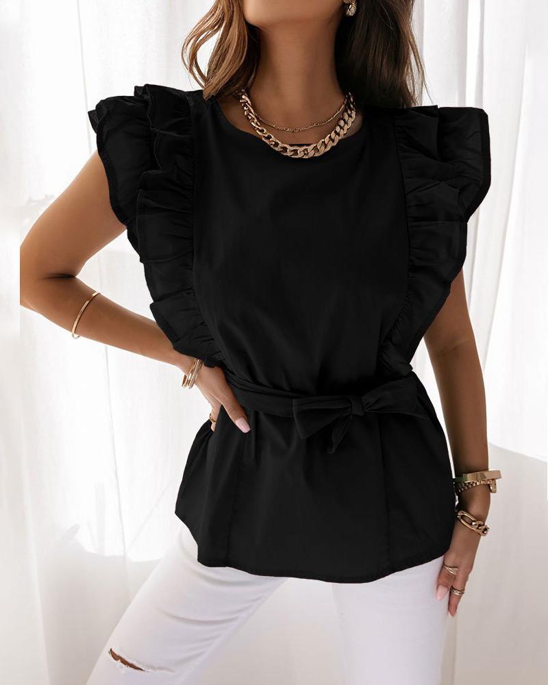 

Ruffle Sleeve Round Neck Top, Black