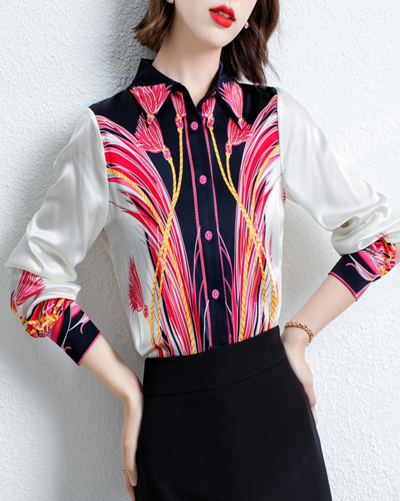 

Satin Graphic Print Long Sleeve Buttoned Shirt, Multicolor