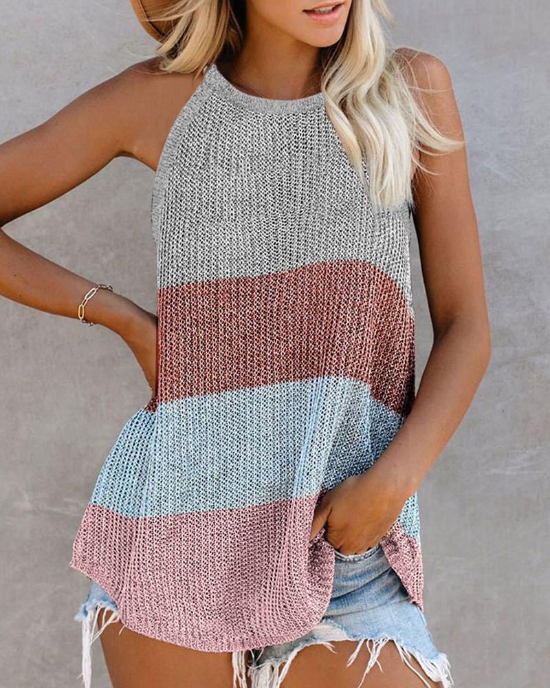 

Colorblock / Plain Knitted U-Neck Sleeveless Top, Coffee