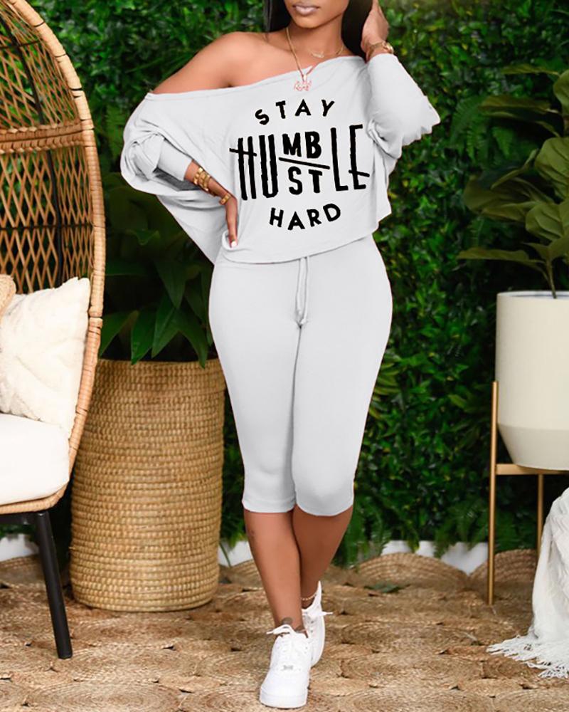 

Batwing Sleeve Letter Print Top & Drawstring Pants Set, Gray