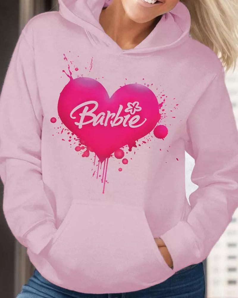 

Barbie Heart Print Pocket Design Hoodie, Pink
