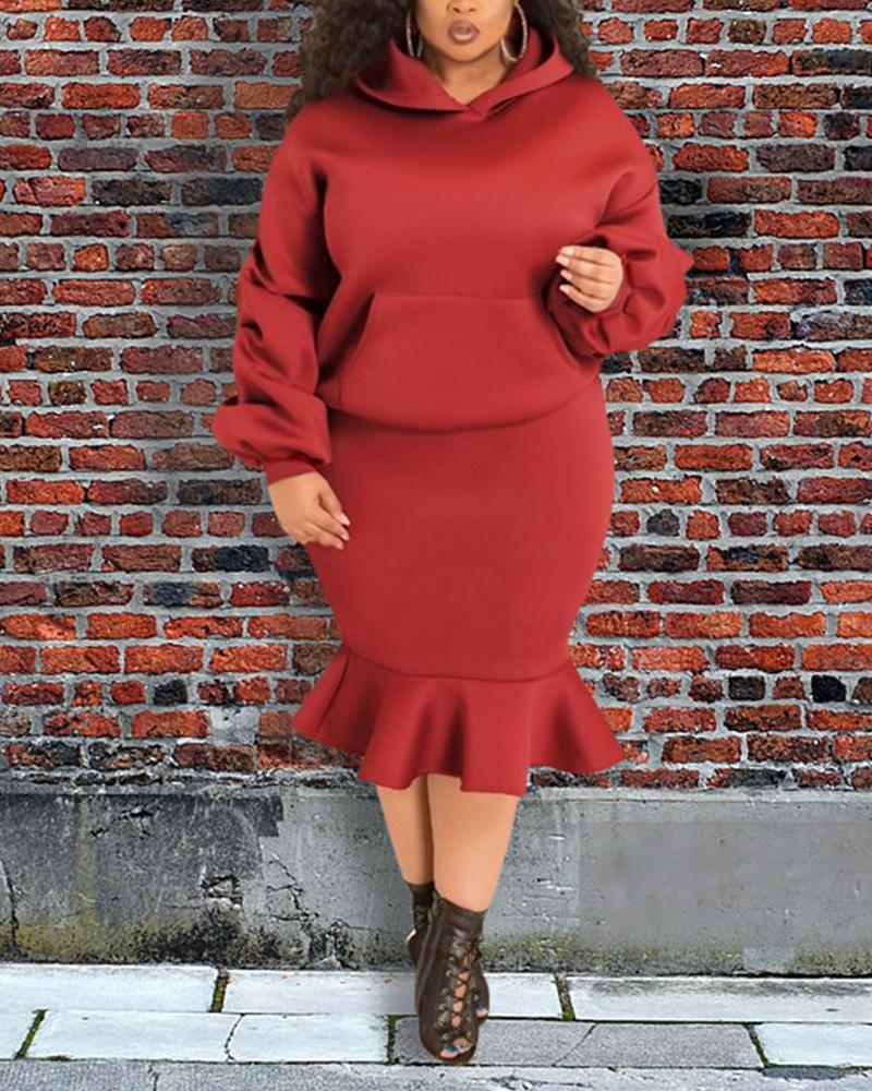 

Plus Size Long Sleeve Hoodie & Mermaid Skirt Set, Red
