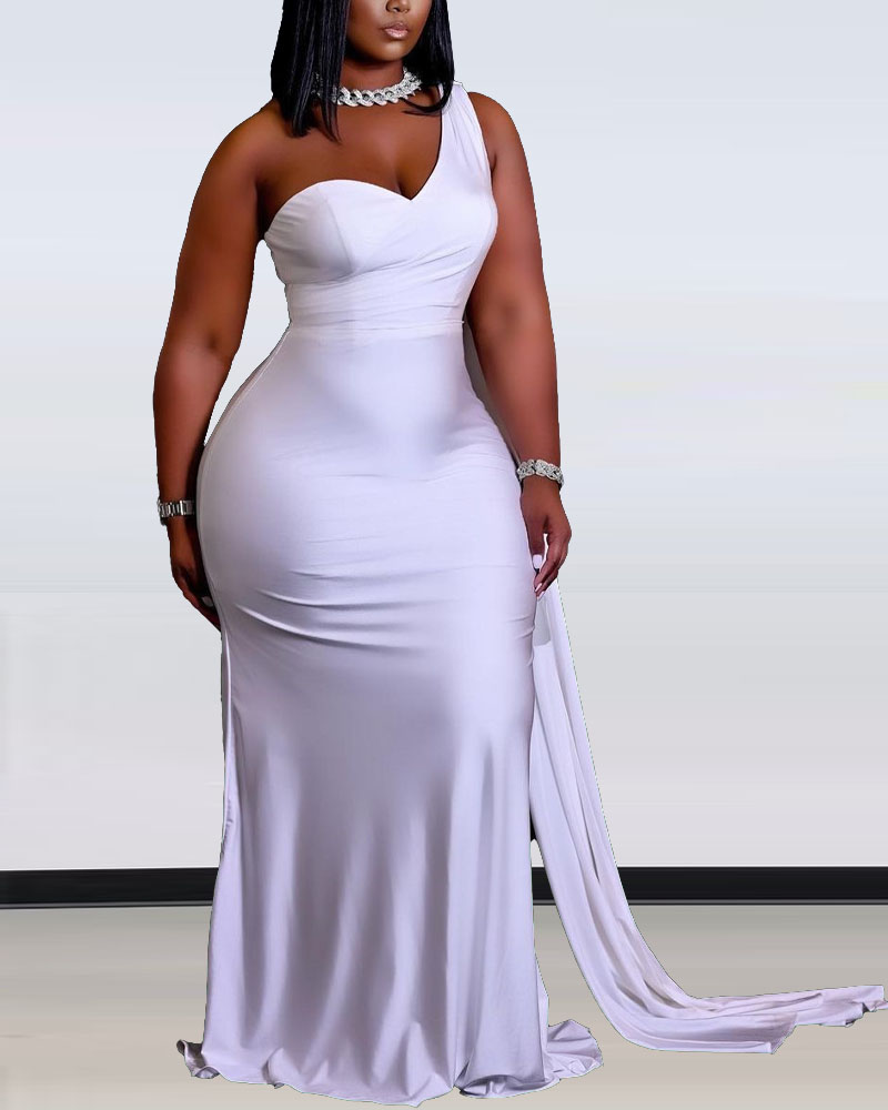 

Plus Size One Shoulder Draped Detail Prom Dress, White