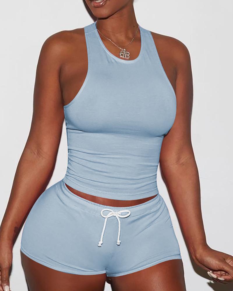 

Sexy Solid Color Sporty Vest Shorts Set, Lighted blue