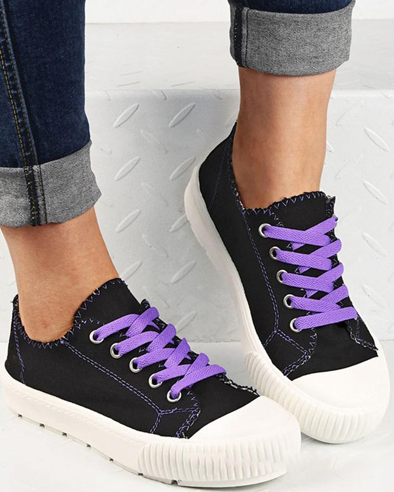 

Womens Contrast Color Laces Round Toe Canvas Casual Shoes, Purple