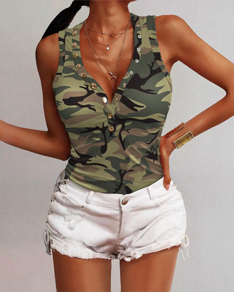 

Camo Print V-Neck Snap Button Ribbed Tank Top, Camoflage