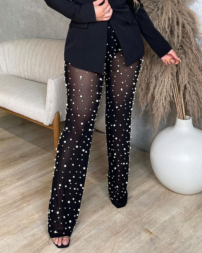 

Beaded Sheer Mesh High Waist Pants, Black