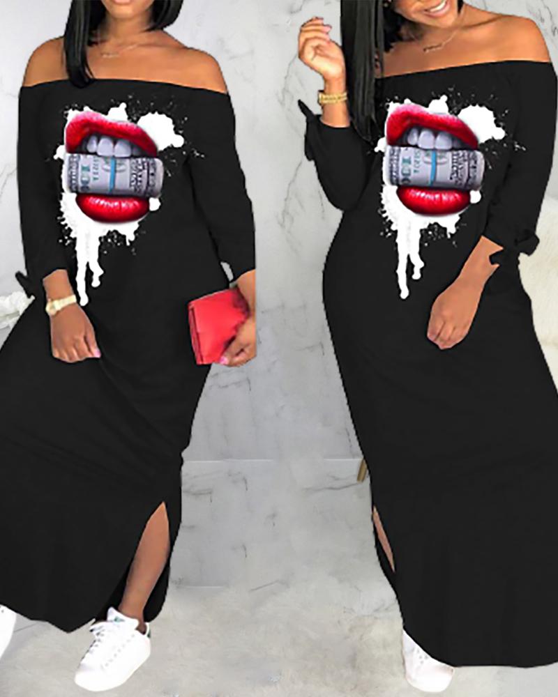 

Off Shoulder Lip Print Maxi Dress, Black